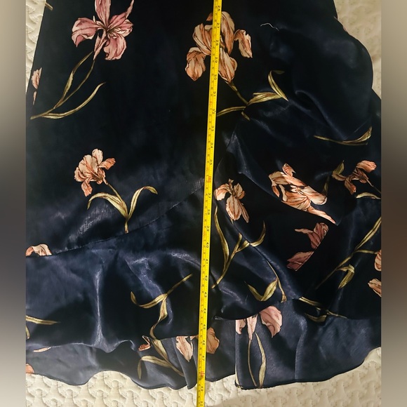 Lumiere Navy Floral Printed Satiny Wrap Dress with Ruffle Detail - Picture 7 of 9
